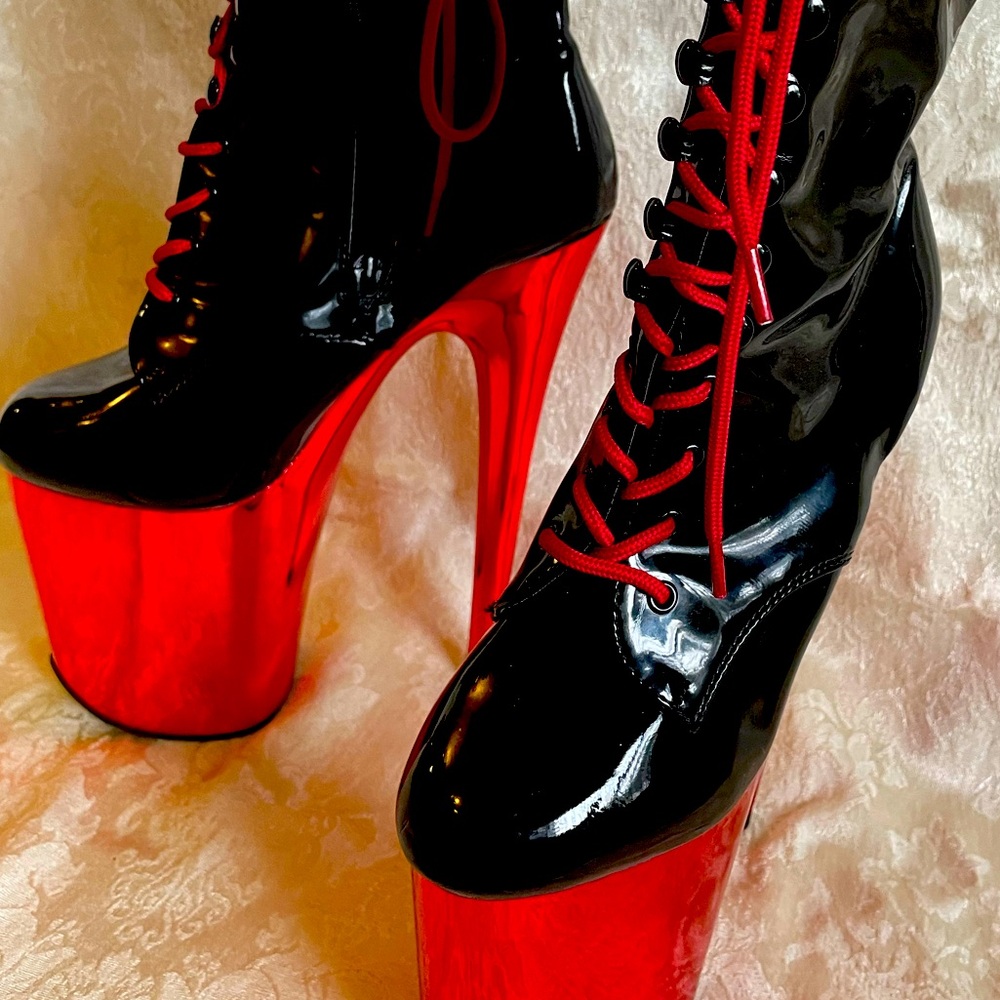 Pleaser Black and Red Platform Boots with Glossy Finish